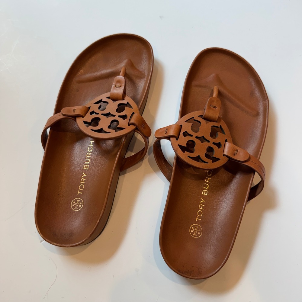Tory Burch Miller Cloud Tan Leather Thong Sandals Size 7.5